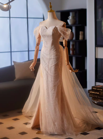 Fancy Off-Shoulder Mermaid High-Slit Bridal Gowns Lace Tulle Wedding Dress AP5143