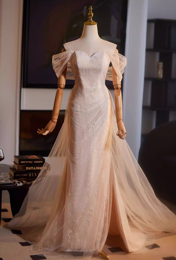 Fancy Off-Shoulder Mermaid High-Slit Bridal Gowns Lace Tulle Wedding Dress AP5143