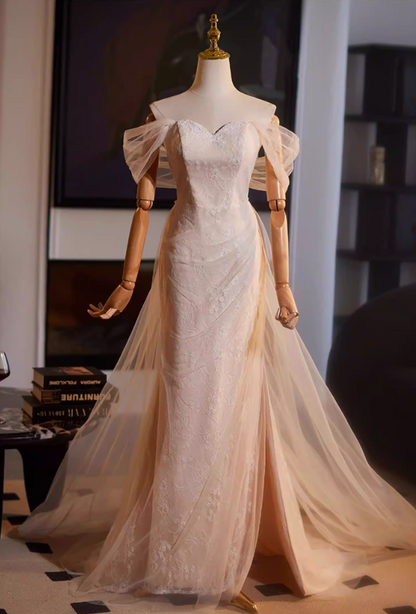 Fancy Off-Shoulder Mermaid High-Slit Bridal Gowns Lace Tulle Wedding Dress AP5143