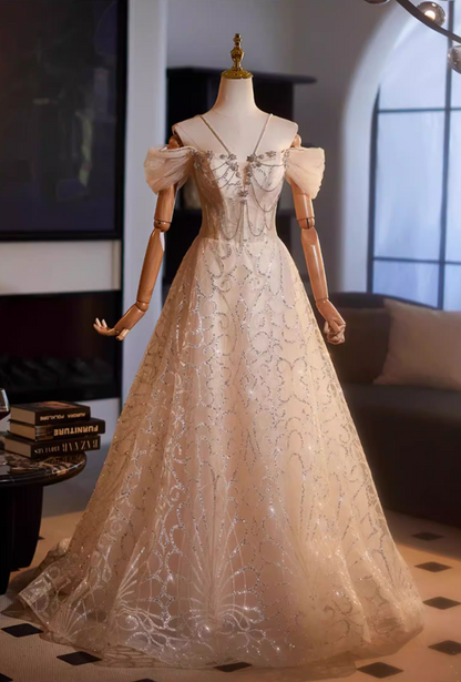 Delicate Off-Shoulder A-Line Sweet 16th Dresses Beading Sequins Prom Dress AP5144