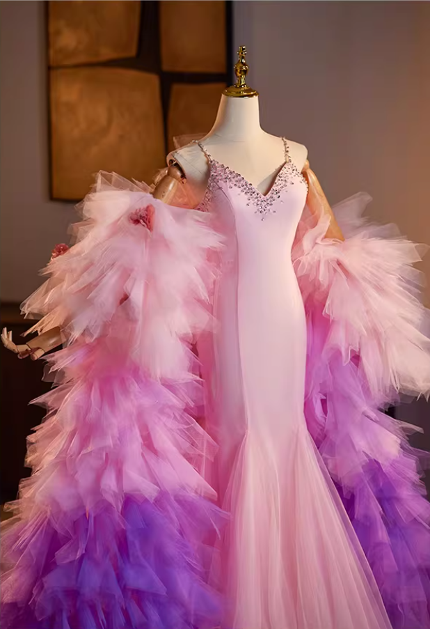 Gen Z Style Spaghetti Straps Pink Tulle Mermaid Evening Dresses Beading Sequins Prom Dress AP5146