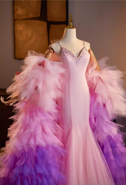Gen Z Style Spaghetti Straps Pink Tulle Mermaid Evening Dresses Beading Sequins Prom Dress AP5146