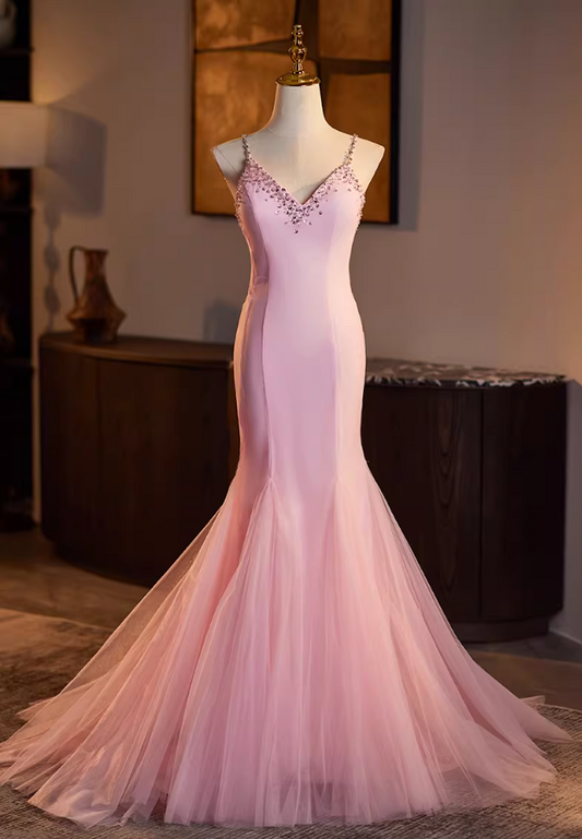 Gen Z Style Spaghetti Straps Pink Tulle Mermaid Evening Dresses Beading Sequins Prom Dress AP5146