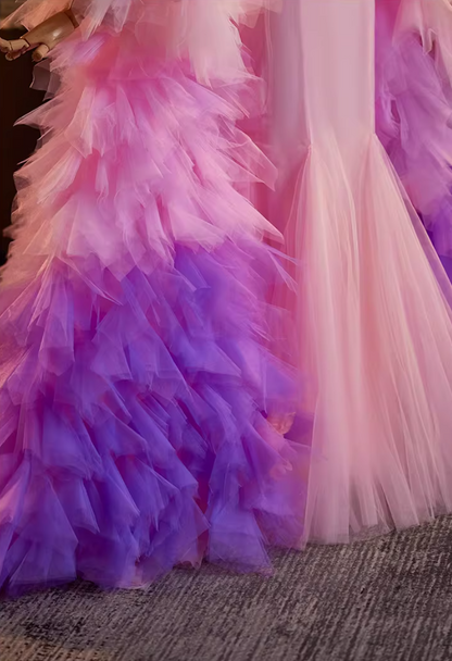 Gen Z Style Spaghetti Straps Pink Tulle Mermaid Evening Dresses Beading Sequins Prom Dress AP5146
