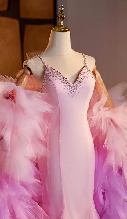 Gen Z Style Spaghetti Straps Pink Tulle Mermaid Evening Dresses Beading Sequins Prom Dress AP5146