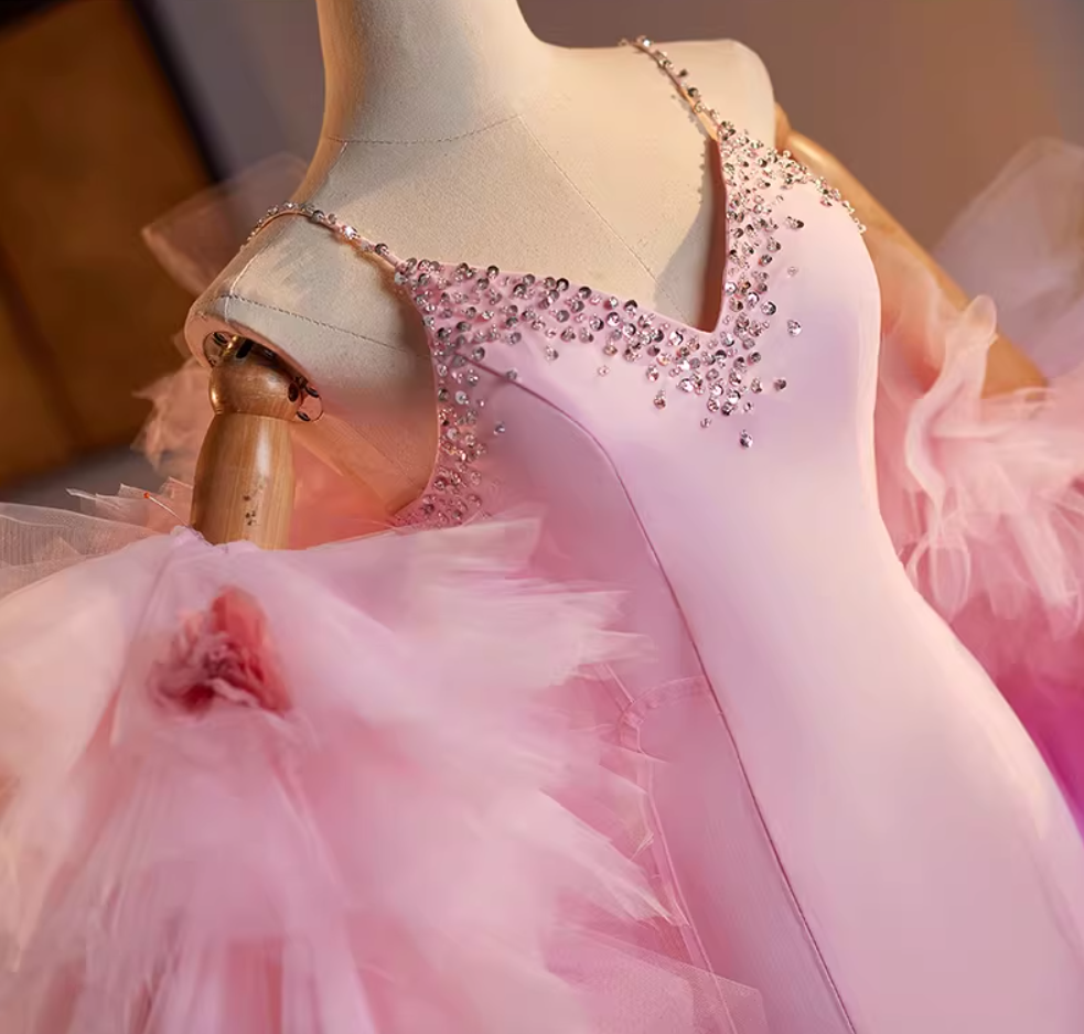 Gen Z Style Spaghetti Straps Pink Tulle Mermaid Evening Dresses Beading Sequins Prom Dress AP5146