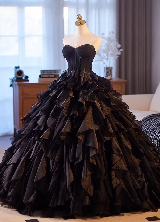 Casual Strapless A-Line Sweet 16th Gowns Black Ruffles Tulle Prom Dress AP5148