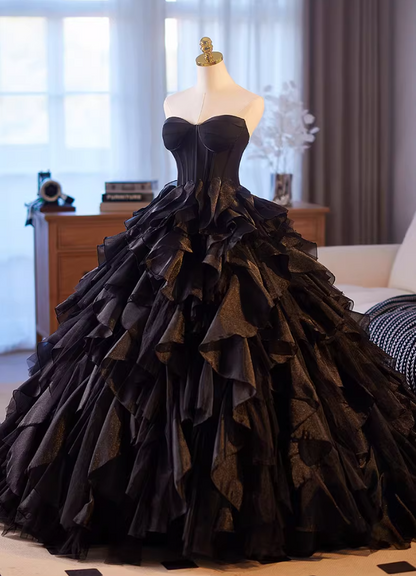 Casual Strapless A-Line Sweet 16th Gowns Black Ruffles Tulle Prom Dress AP5148