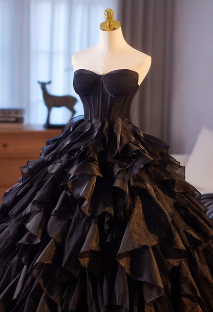 Casual Strapless A-Line Sweet 16th Gowns Black Ruffles Tulle Prom Dress AP5148