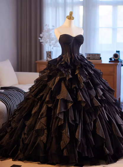 Casual Strapless A-Line Sweet 16th Gowns Black Ruffles Tulle Prom Dress AP5148