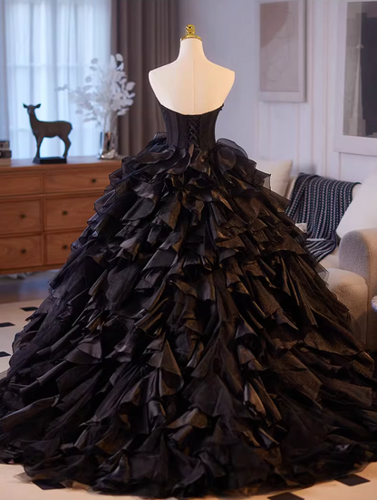 Casual Strapless A-Line Sweet 16th Gowns Black Ruffles Tulle Prom Dress AP5148