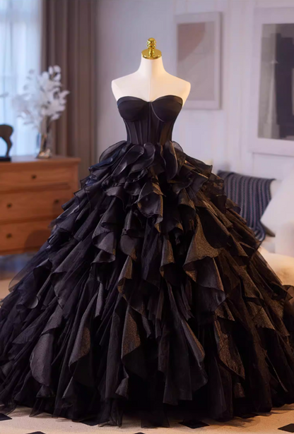 Casual Strapless A-Line Sweet 16th Gowns Black Ruffles Tulle Prom Dress AP5148