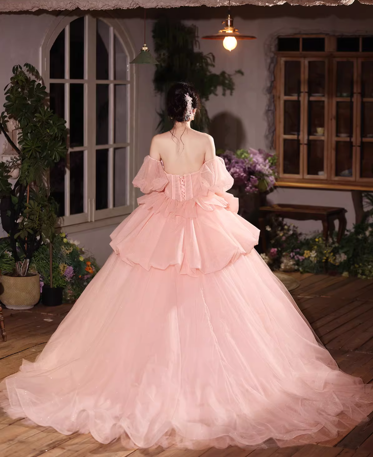 New Tendency Off-Shoulder A-Line Pink Tulle Sweet 16th Dresses Bow Beading Sequins Appliques Prom Dress AP5149