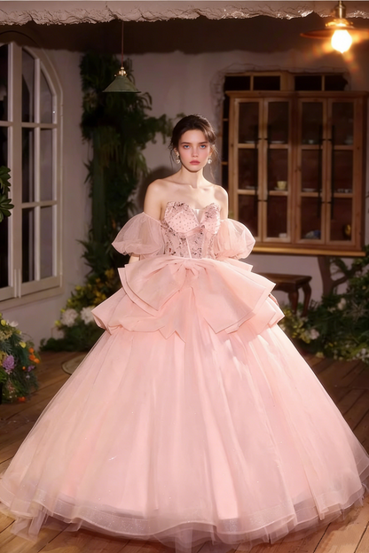 New Tendency Off-Shoulder A-Line Pink Tulle Sweet 16th Dresses Bow Beading Sequins Appliques Prom Dress AP5149