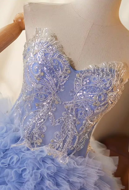 Fairy Strapless A-Line Ruffles Tulle Sweet 16th Gowns Handmade Flowers Sequins Prom Dress AP5150