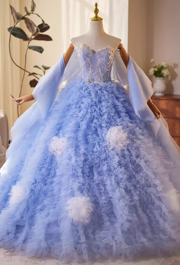 Fairy Strapless A-Line Ruffles Tulle Sweet 16th Gowns Handmade Flowers Sequins Prom Dress AP5150