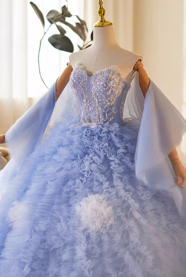 Fairy Strapless A-Line Ruffles Tulle Sweet 16th Gowns Handmade Flowers Sequins Prom Dress AP5150