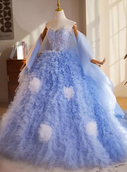 Fairy Strapless A-Line Ruffles Tulle Sweet 16th Gowns Handmade Flowers Sequins Prom Dress AP5150