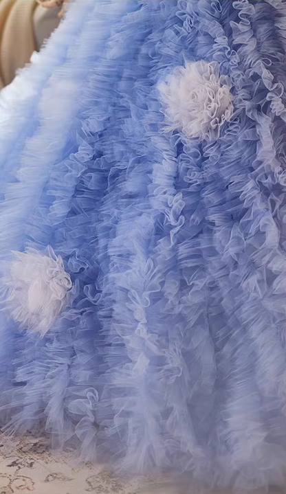 Fairy Strapless A-Line Ruffles Tulle Sweet 16th Gowns Handmade Flowers Sequins Prom Dress AP5150