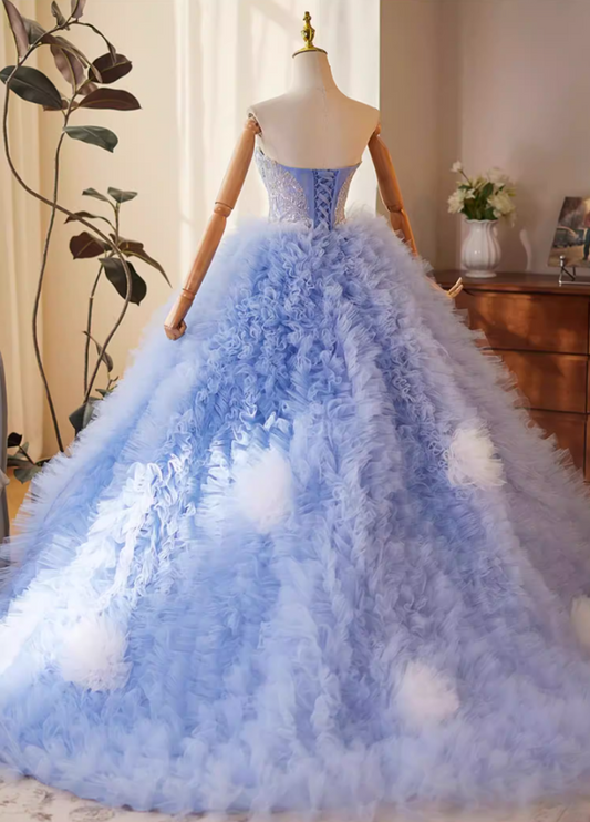 Fairy Strapless A-Line Ruffles Tulle Sweet 16th Gowns Handmade Flowers Sequins Prom Dress AP5150