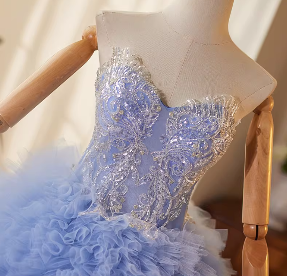 Fairy Strapless A-Line Ruffles Tulle Sweet 16th Gowns Handmade Flowers Sequins Prom Dress AP5150