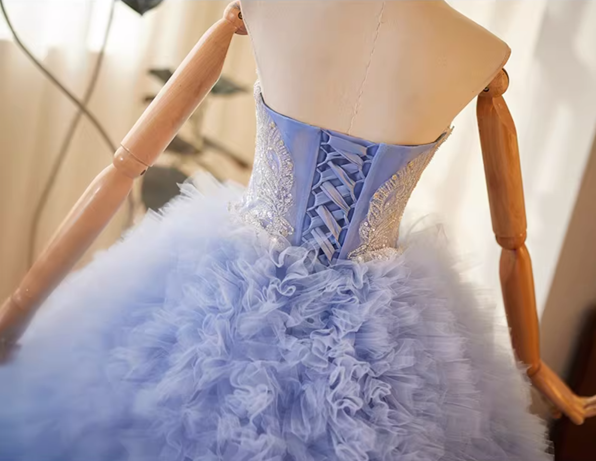 Fairy Strapless A-Line Ruffles Tulle Sweet 16th Gowns Handmade Flowers Sequins Prom Dress AP5150
