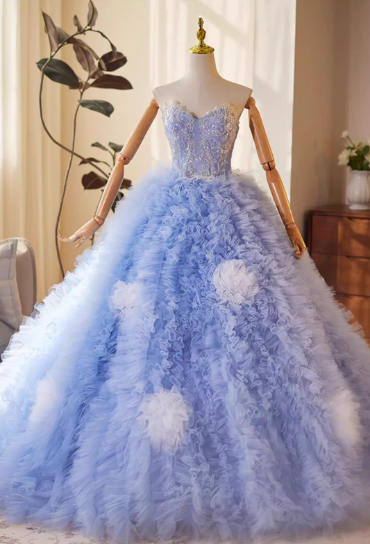 Fairy Strapless A-Line Ruffles Tulle Sweet 16th Gowns Handmade Flowers Sequins Prom Dress AP5150