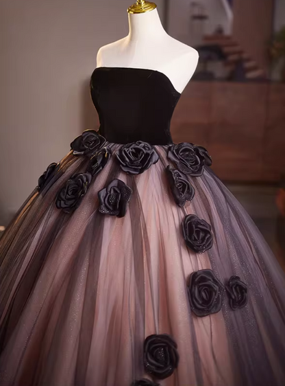 Gothic-Style Strapless A-Line Sweet 16th Gowns Sequins Tulle Handmade Flowers Prom Dress AP5151