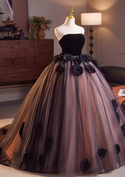 Gothic-Style Strapless A-Line Sweet 16th Gowns Sequins Tulle Handmade Flowers Prom Dress AP5151