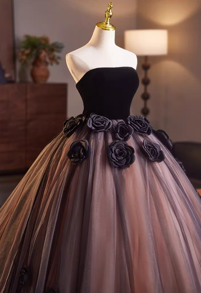 Gothic-Style Strapless A-Line Sweet 16th Gowns Sequins Tulle Handmade Flowers Prom Dress AP5151