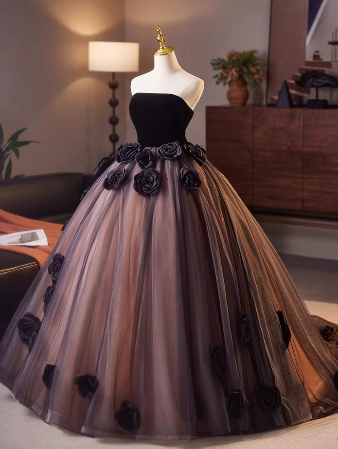 Gothic-Style Strapless A-Line Sweet 16th Gowns Sequins Tulle Handmade Flowers Prom Dress AP5151