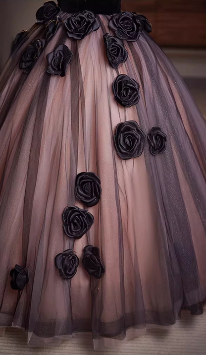 Gothic-Style Strapless A-Line Sweet 16th Gowns Sequins Tulle Handmade Flowers Prom Dress AP5151