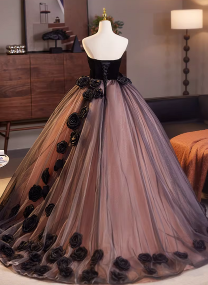 Gothic-Style Strapless A-Line Sweet 16th Gowns Sequins Tulle Handmade Flowers Prom Dress AP5151