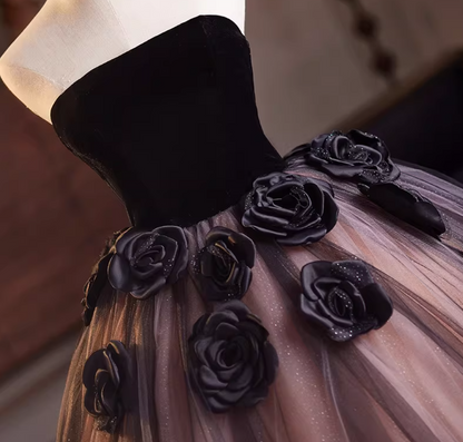 Gothic-Style Strapless A-Line Sweet 16th Gowns Sequins Tulle Handmade Flowers Prom Dress AP5151