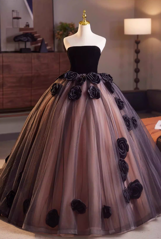 Gothic-Style Strapless A-Line Sweet 16th Gowns Sequins Tulle Handmade Flowers Prom Dress AP5151