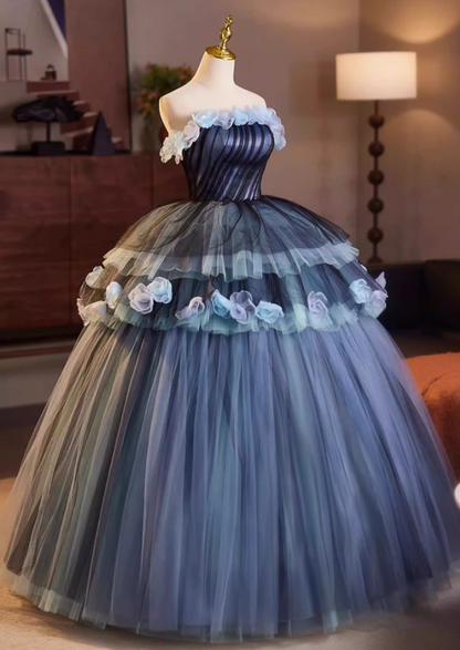 Boho-Inspired Strapless A-Line Tiered Tulle Sweet 16th Gowns Handmade Flowers Prom Dress AP5152