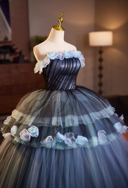 Boho-Inspired Strapless A-Line Tiered Tulle Sweet 16th Gowns Handmade Flowers Prom Dress AP5152