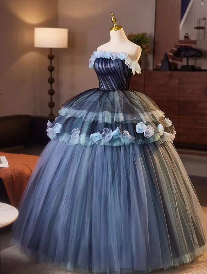 Boho-Inspired Strapless A-Line Tiered Tulle Sweet 16th Gowns Handmade Flowers Prom Dress AP5152