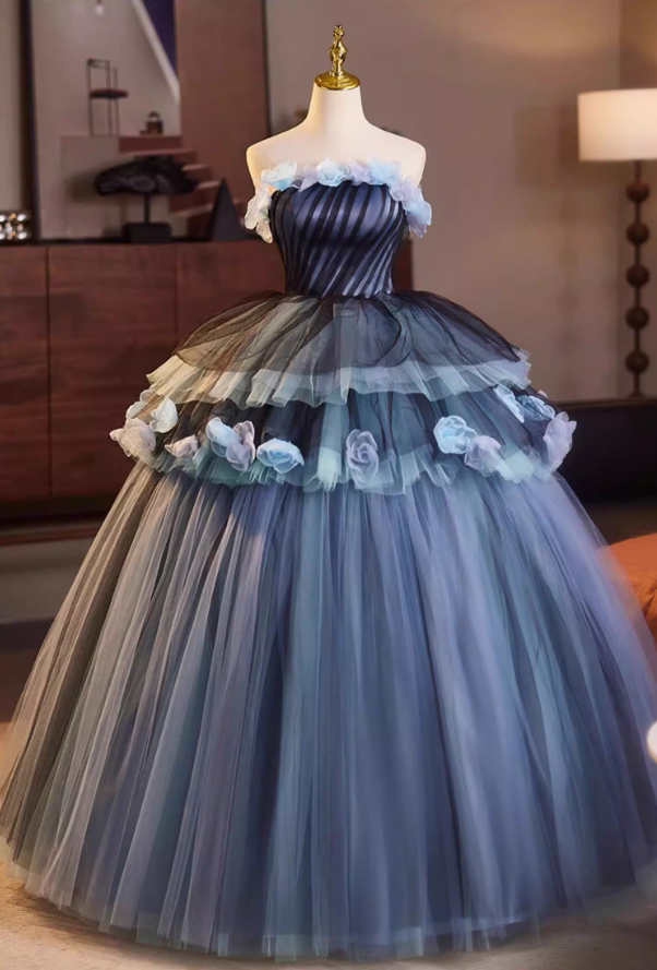 Boho-Inspired Strapless A-Line Tiered Tulle Sweet 16th Gowns Handmade Flowers Prom Dress AP5152