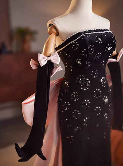 Exquisite Sheath Strapless Long Sleeve Sweet 16th Dresses Bows Appliques Beading Black Velvet Prom Dress AP5153
