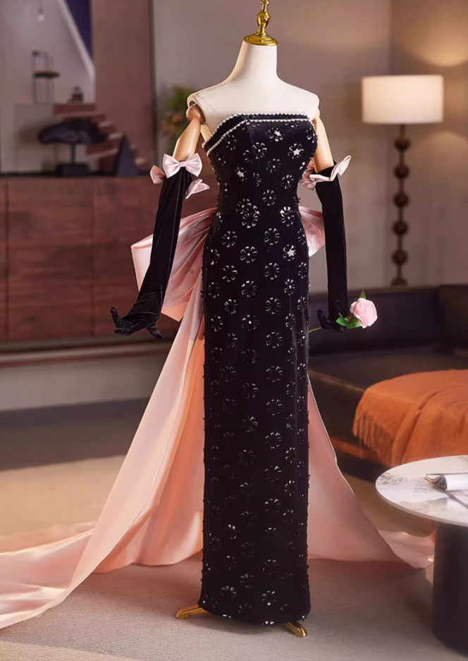 Exquisite Sheath Strapless Long Sleeve Sweet 16th Dresses Bows Appliques Beading Black Velvet Prom Dress AP5153
