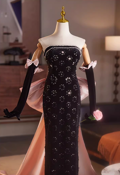 Exquisite Sheath Strapless Long Sleeve Sweet 16th Dresses Bows Appliques Beading Black Velvet Prom Dress AP5153