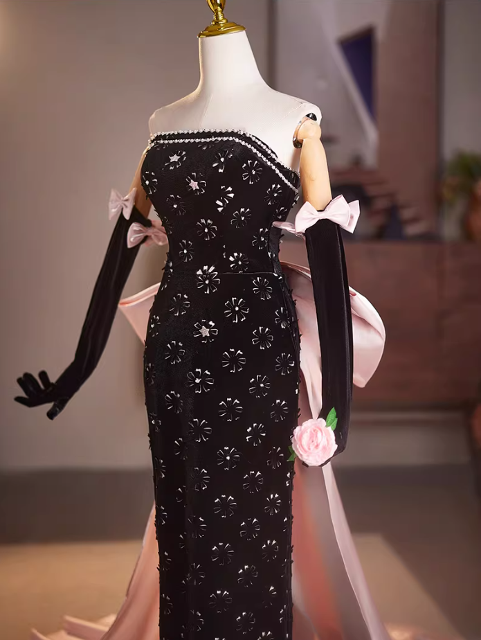 Exquisite Sheath Strapless Long Sleeve Sweet 16th Dresses Bows Appliques Beading Black Velvet Prom Dress AP5153