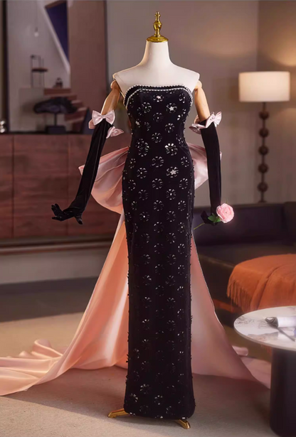 Exquisite Sheath Strapless Long Sleeve Sweet 16th Dresses Bows Appliques Beading Black Velvet Prom Dress AP5153