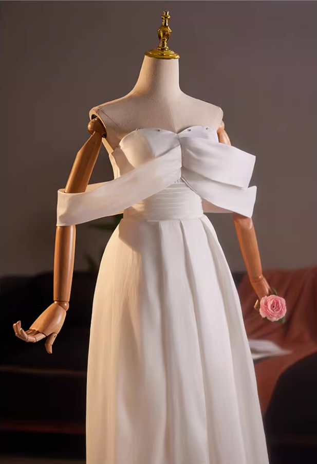 Y2K Style Off-Shoulder A-Line Bridal Gowns Beads Pleated White Wedding Dress AP5154