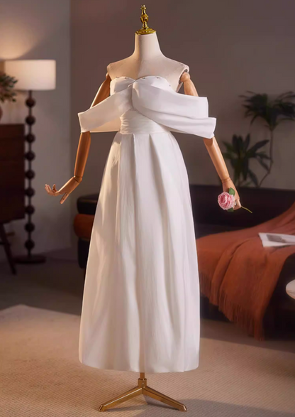 Y2K Style Off-Shoulder A-Line Bridal Gowns Beads Pleated White Wedding Dress AP5154