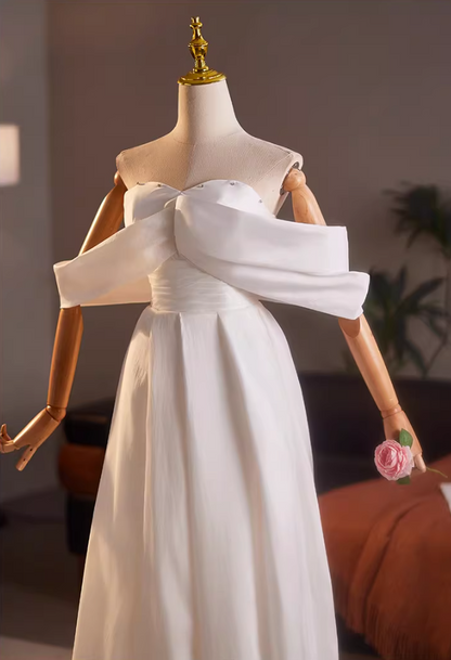 Y2K Style Off-Shoulder A-Line Bridal Gowns Beads Pleated White Wedding Dress AP5154