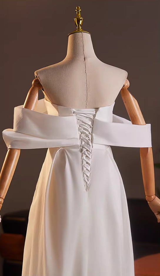Y2K Style Off-Shoulder A-Line Bridal Gowns Beads Pleated White Wedding Dress AP5154