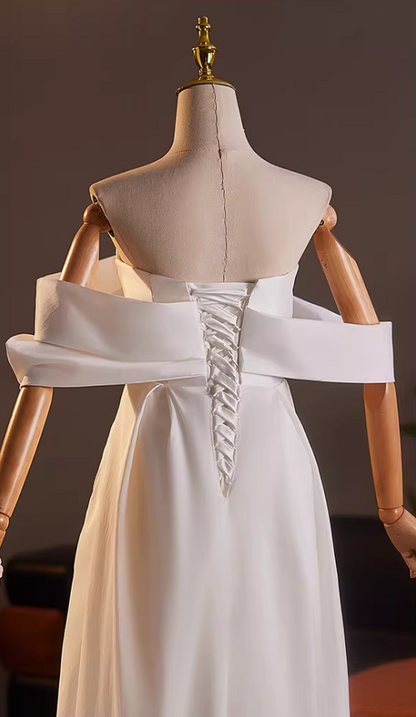Y2K Style Off-Shoulder A-Line Bridal Gowns Beads Pleated White Wedding Dress AP5154