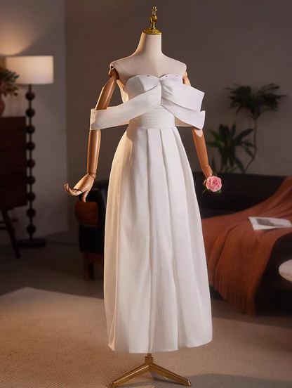 Y2K Style Off-Shoulder A-Line Bridal Gowns Beads Pleated White Wedding Dress AP5154